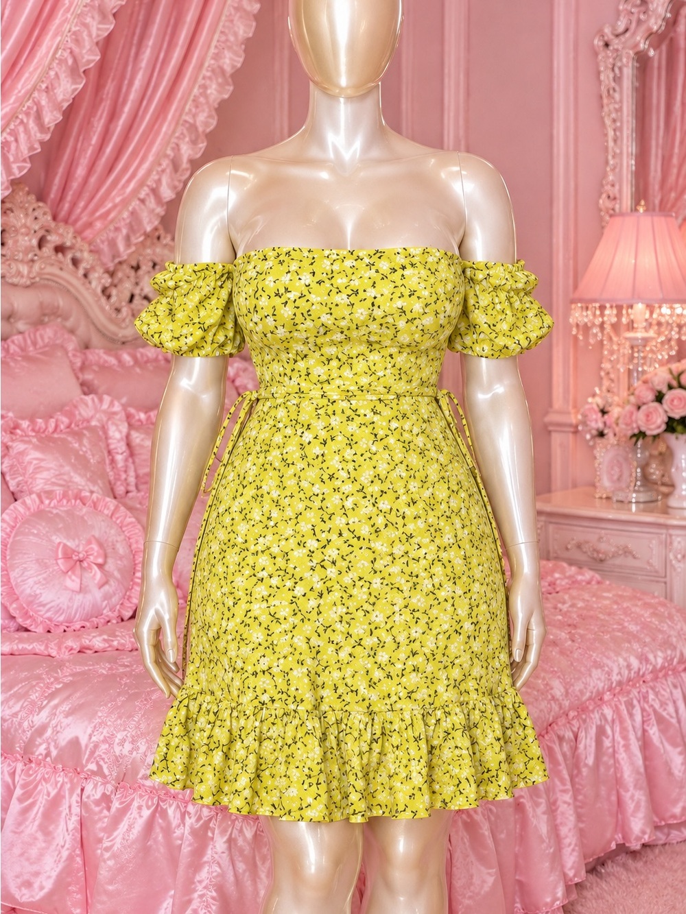 PrettyLittleThing Yellow Floral Off-Shoulder Tie Waist Dress